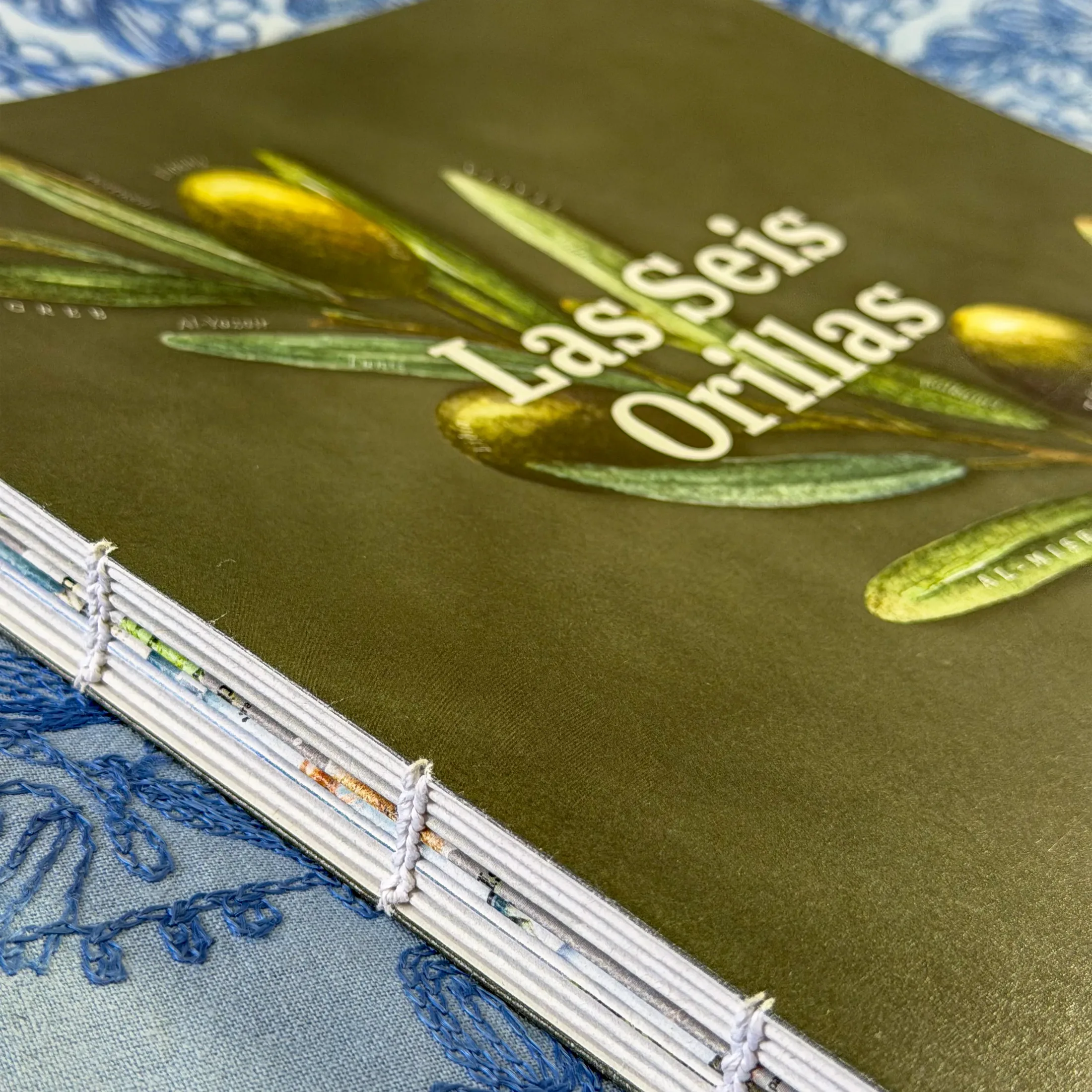 Close-up of Las Seis Orillas book binding and cover title